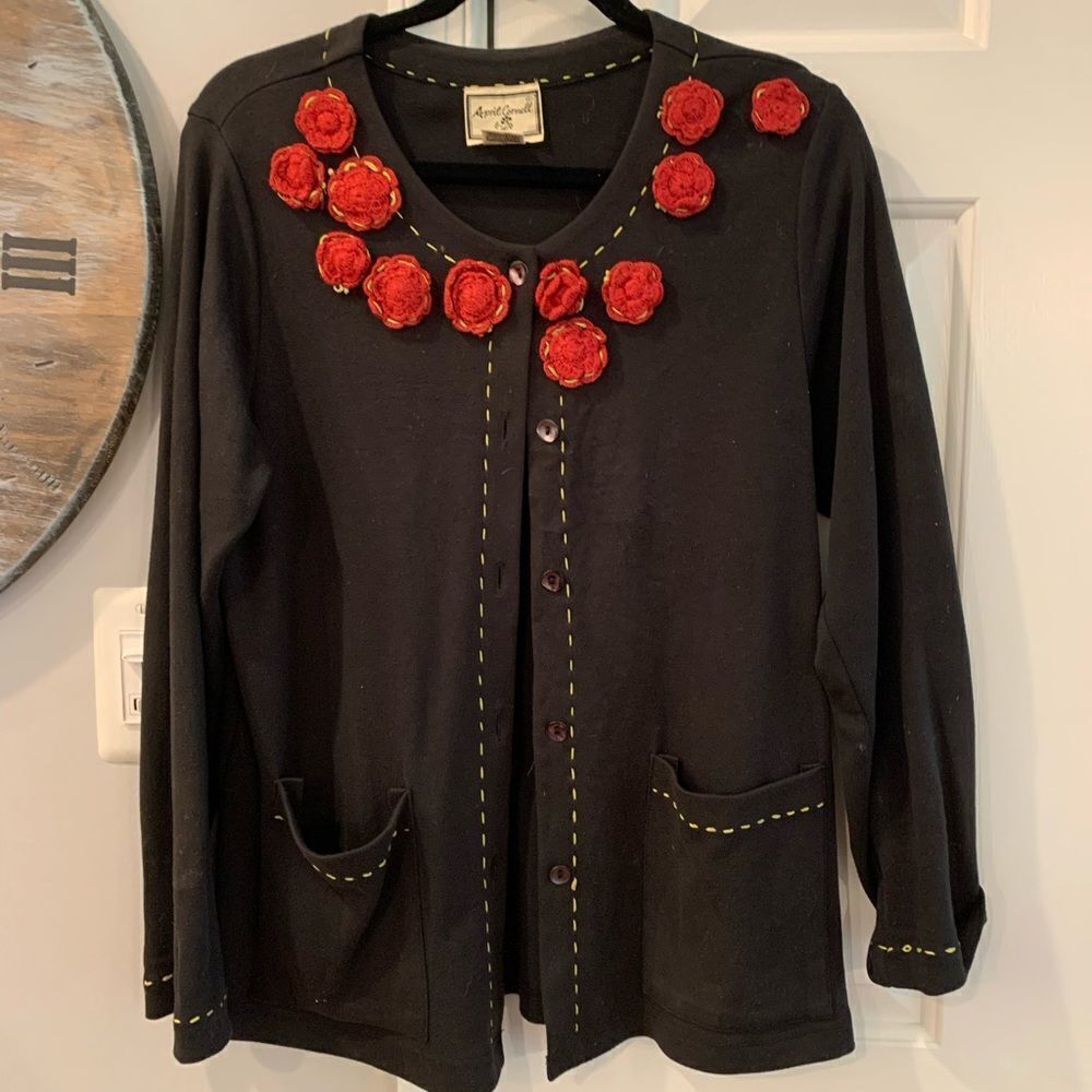 April Cornell Vintage Rosette Black Cardigan sz M